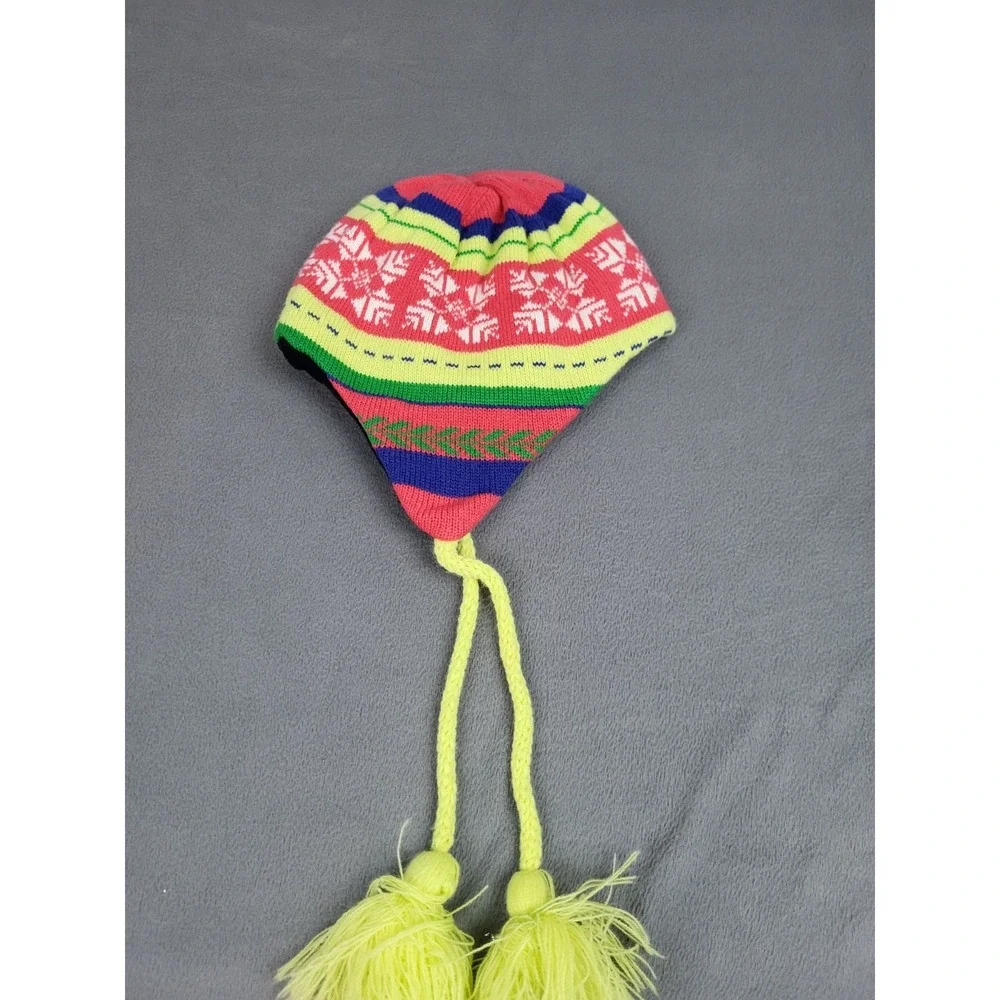 Columbia Knit Beanie Youth One Size‎ Red Earflap Nordic Snowflake Omni Heat Cap